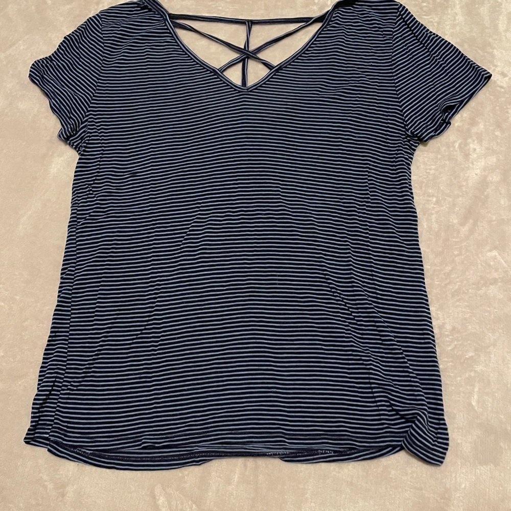 Blue and White Striped Cross Cut Out Shirt